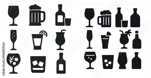 Set of alcohol icons, including glasses and bottles, with a black and white color scheme. Scene is sophisticated and classy, as it features various types of alcoholic beverages