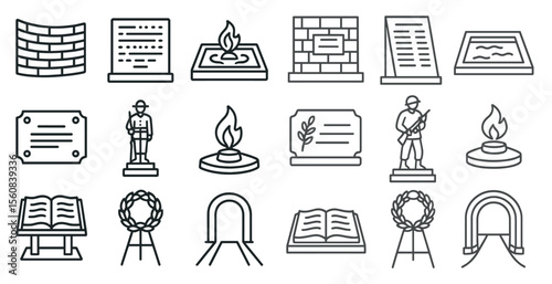 Series of black and white icons depicting various memorials and monuments. The icons include a book, a cross, a soldier, a fire, a wreath, and a statue. Scene is solemn and reflective