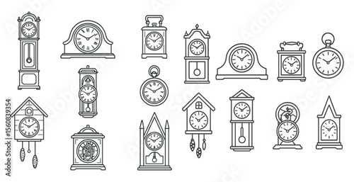 Collection of clocks in various styles and sizes. Some of the clocks are small and some are large. The clocks are all lined up in a row