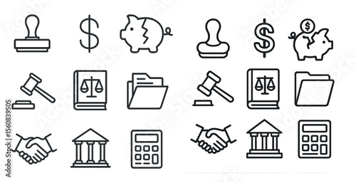 Set of icons for financial services, including a gavel, a book, a calculator, a piggy bank, a dollar sign, and a court gavel