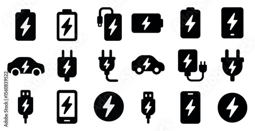 Collection of black and white icons for various electronic devices and accessories, including a car, a phone, a tablet, a laptop, a charger, and a battery