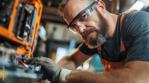 Skilled technician working on machinery in a workshop during daylight hours