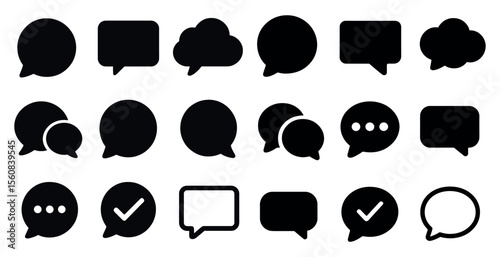 Collection of black and white icons for various types of conversations. The icons include a check mark, a smiley face, and a thumbs up