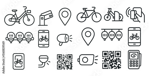 Collection of icons for various modes of transportation, including bicycles, cars, and public transit. The icons are all in black and white, and they include a bicycle, a car, a bus, a train