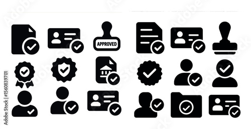 Collection of icons that include a stamp, a check mark, and a person. The icons are all black and white