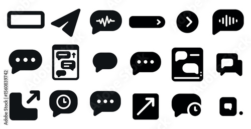 Collection of icons for various messaging apps. The icons are all black and white. The icons include a chat bubble, a paper clip, a clock, and a heart