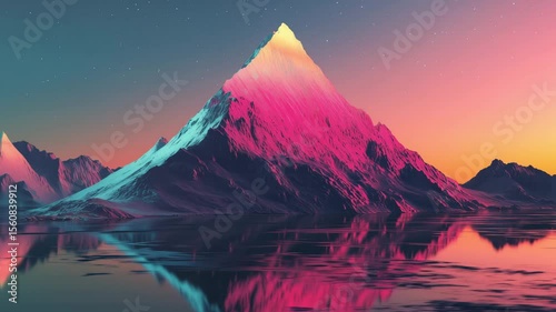Mountain peak at sunset, with vibrant colors illuminating the sky and reflecting off the calm water, creating a magical atmosphere