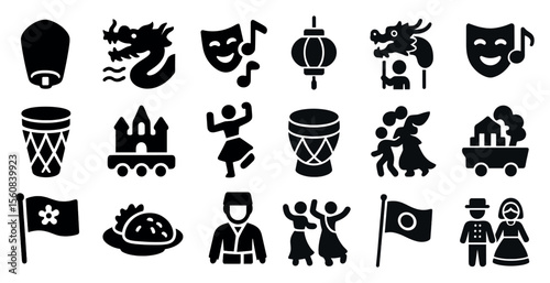 Collection of black and white icons that represent different cultures and traditions. The icons include a dragon, a musical note, a drum, a flag, and a person dancing