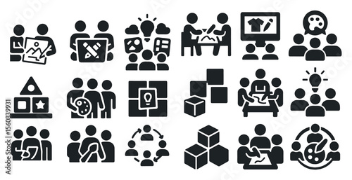 Collection of black and white icons that represent different activities and concepts. The icons include people, blocks, and other shapes, and they are arranged in a grid