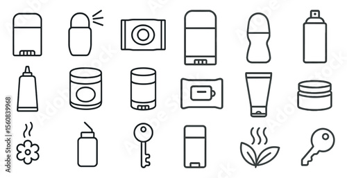 Set of icons for various personal care products, including a toothbrush, a bottle of lotion, and a can of deodorant