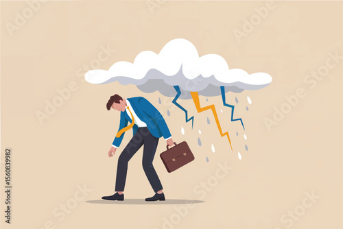 Depressed businessman under storm cloud isolated on transparent background