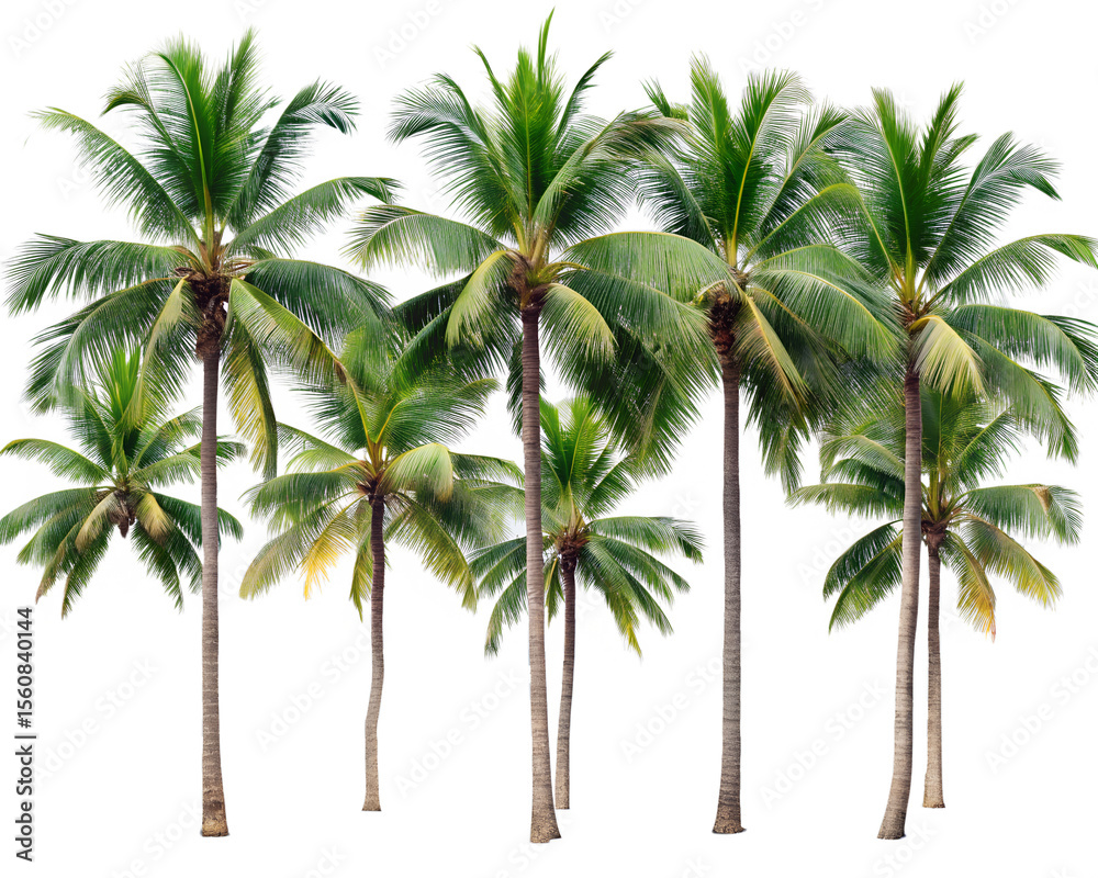Fototapeta premium A group of tall palm trees isolated on transparent background, evoking a sense of tropical vacation and island paradise