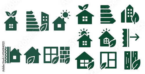 Set of house icons with a green leaf on them. The icons are arranged in a row and include a house with a green roof, a house with a green roof and a green roof with a sun on it