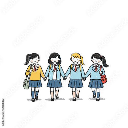 Four schoolgirls walking hand in hand wearing uniforms and smiling  