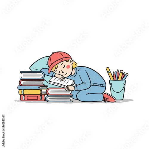 Child sleeping on books while resting in cozy pajama outfit  