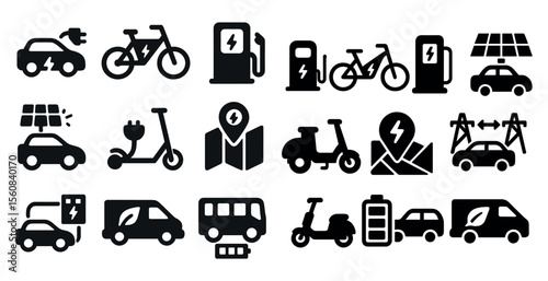 Collection of icons for various modes of transportation, including cars, buses, and bicycles. The icons are all black and white, and they convey a sense of modernity and efficiency