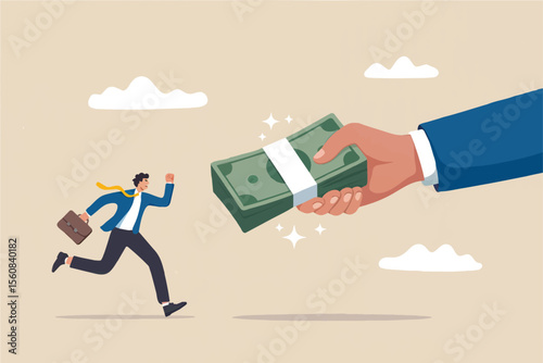 Businessman running towards a stack of money offered by a hand isolated on transparent background