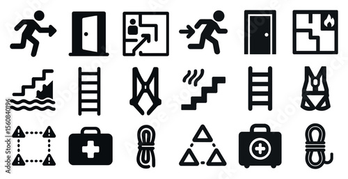 Collection of icons including a ladder, a box, a door, a person, and a person running