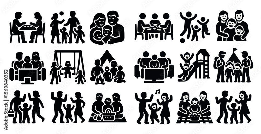 Fototapeta premium Series of black and white icons depicting various family activities. The icons include a family sitting around a table, a family playing in a park, and a family enjoying a meal together