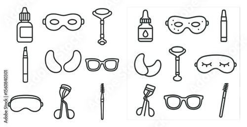 Collection of items related to beauty and sleep. The items include a bottle of eye drops, a pair of glasses, a pair of scissors, a bottle of lotion, a bottle of perfume, a bottle of makeup
