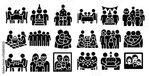 Collection of black and white icons depicting various family gatherings and celebrations. The icons include people hugging, sitting at a table, and holding a cake. The mood of the images is warm