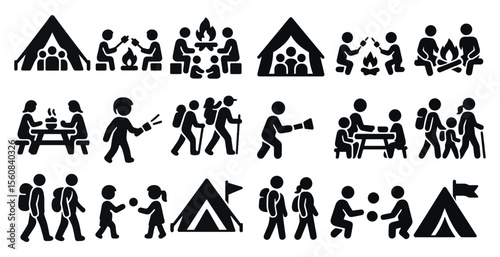 Series of black and white icons depicting various outdoor activities such as camping, hiking, and picnicking