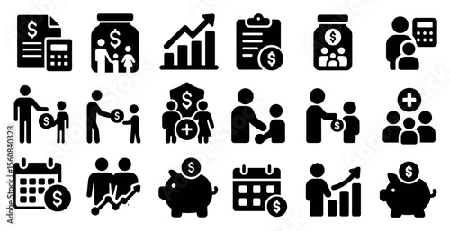 Collection of black and white icons that represent financial transactions. The icons include a piggy bank, a dollar sign, a calendar, and a person shaking hands