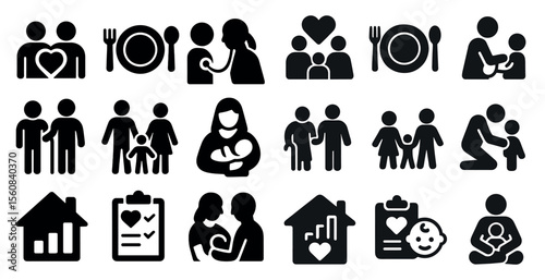 Collection of black and white icons depicting various family-related activities. The icons include a mother holding a baby, a father holding a child, a family eating together