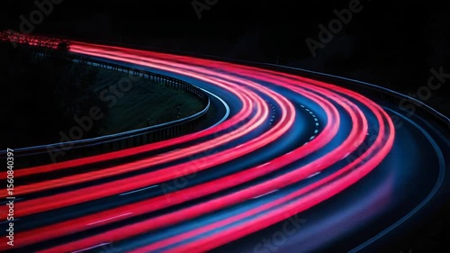 Abstract highway at night.  Red and blue streaks of car lights form a curved pattern against the dark backdrop.  Highway lines and guardrail are visible