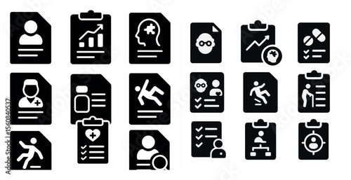 Set of icons for a medical office. The icons include a clipboard, a person with a heart, a person with a broken leg, a person with a backpack, a person with a watch, a person with a stethoscope