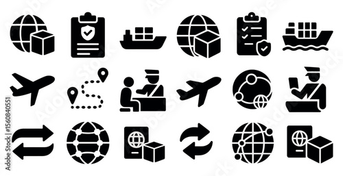 Collection of black and white icons that represent various aspects of transportation and logistics. The icons include airplanes, ships, and people, as well as items such as boxes, passports
