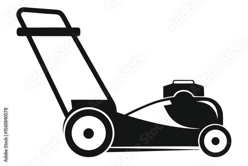 Black and White Graphic Illustration of Push Lawn Mower for Yard Work and Gardening