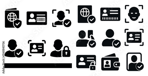 Set of icons for passports, ID cards, and other travel documents. The icons are all black and white and feature a checkmark to indicate that the document is valid