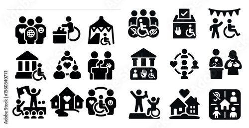 Collection of icons that represent various aspects of life, including family, community, and accessibility. The icons are all black and white, and they convey a sense of unity and inclusivity