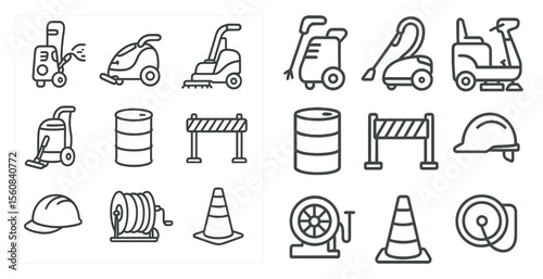 Set of icons for various cleaning and maintenance tools. The icons include a vacuum cleaner, a pressure washer, a broom, a mop, a bucket, a shovel, a wheelbarrow, a fire hydrant, a traffic cone