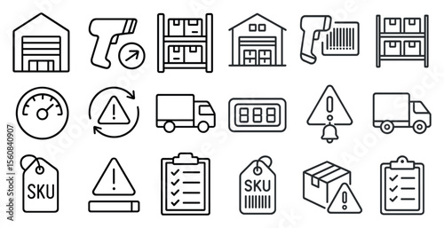 Collection of icons for a warehouse or shipping company. The icons include a scale, a truck, a forklift, a barcode scanner, and a clipboard