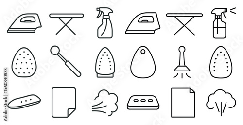 Set of icons for household items such as a spray bottle, iron, and a shoe. The icons are drawn in a simple, minimalist style