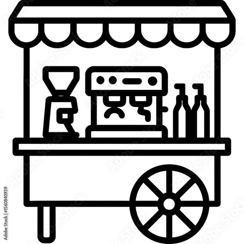Coffee cart with espresso machine outline icon vector