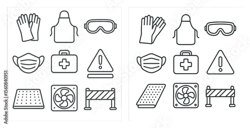 The image is of a set of safety symbols and equipment. The symbols include a first aid kit, a fire extinguisher, and a hard hat. Scene is one of caution and preparedness for potential hazards