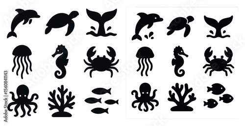 Variety of sea creatures, including fish, crabs, and octopuses. The creatures are all black and white, giving the image a monochromatic and somewhat eerie feel