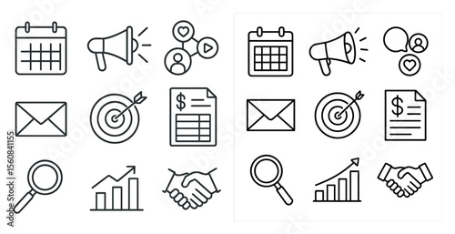 Set of icons for a calendar, email, and other office supplies. The icons are all black and white and include a calendar, a dollar sign, a dollar bill, a dollar sign with a dollar bill