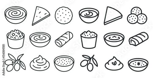 Collection of food items in various shapes and sizes, including bowls and cups. Concept of abundance and variety, with a focus on different types of dips and sauces