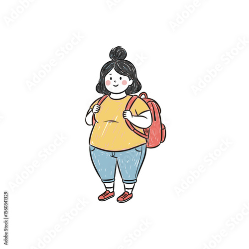 Plus-sized girl smiling with backpack and casual outfit  