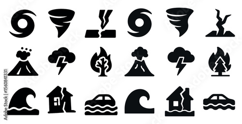 Collection of black and white icons depicting various natural disasters such as tornadoes, hurricanes, and earthquakes