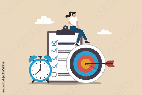 Flat cartoon vector illustration of a woman sitting on a target with a clipboard and alarm clock isolated on transparent background