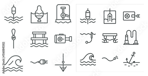 Collection of water-related icons, such as a boat, a camera, a life preserver, and a buoy. These icons represent various aspects of water activities and safety