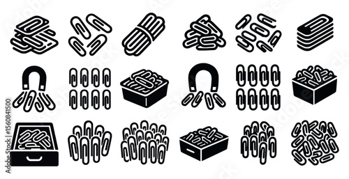 Collection of various office supplies, including paper clips, magnets, and a box of paper clips