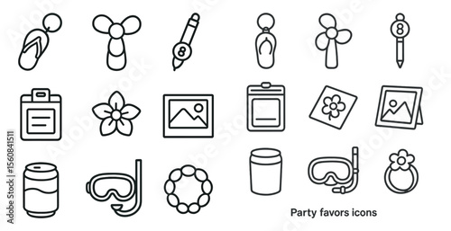 Set of party favors icons. The icons include a fan, a pair of sunglasses, a pair of flip flops, a pair of goggles, a pair of sunglasses, a pair of flip flops, a pair of goggles