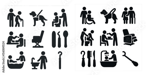 Set of icons depicting various activities and objects related to caregiving and assistance. The icons include people, dogs, chairs, and other items such as spoons, scissors, and toothbrushes