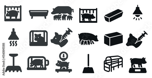 Collection of animal icons, including pigs, cows, and chickens. The icons are all black and white, and they are arranged in a grid. Scene is serious and informative